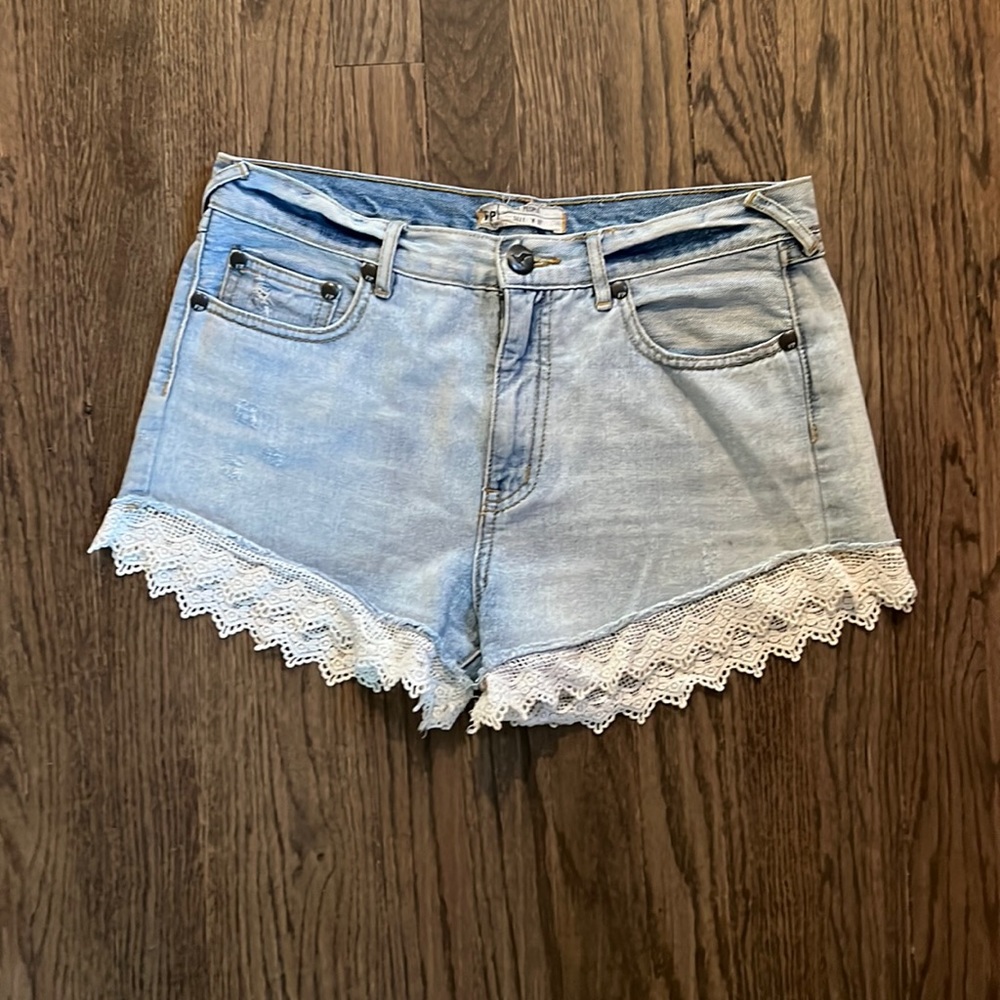Free People Denim Shorts with Crochet Trim